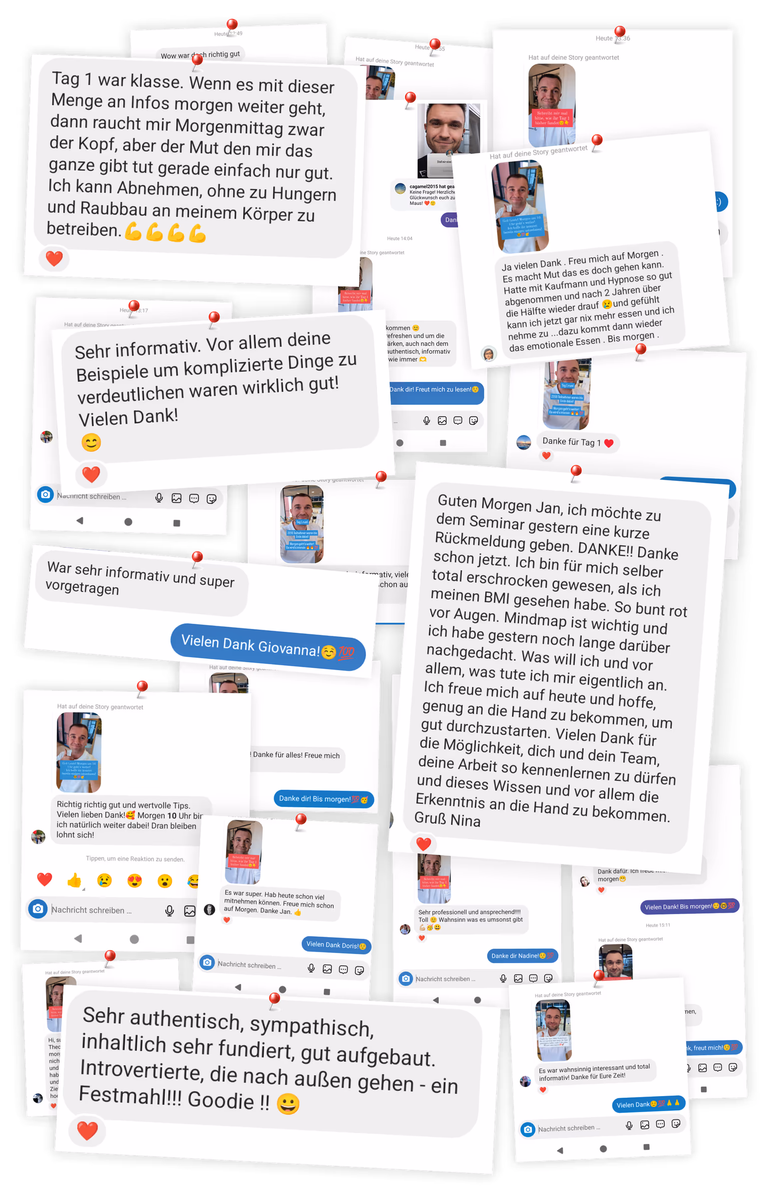 Testimonial-Wall: Screenshots von Teilnehmerinnen-Nachrichten