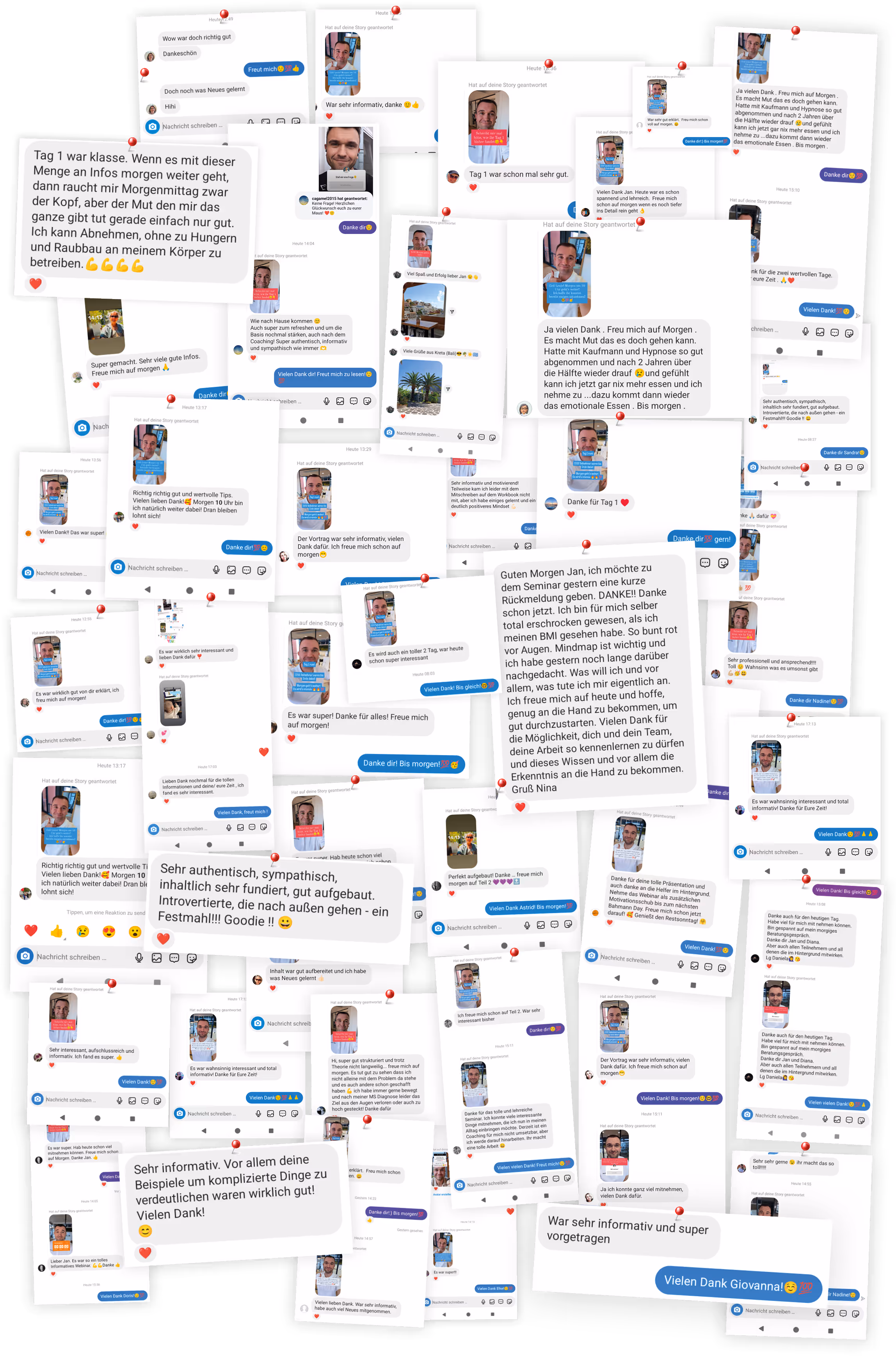 Testimonial-Wall: Screenshots von Teilnehmerinnen-Nachrichten